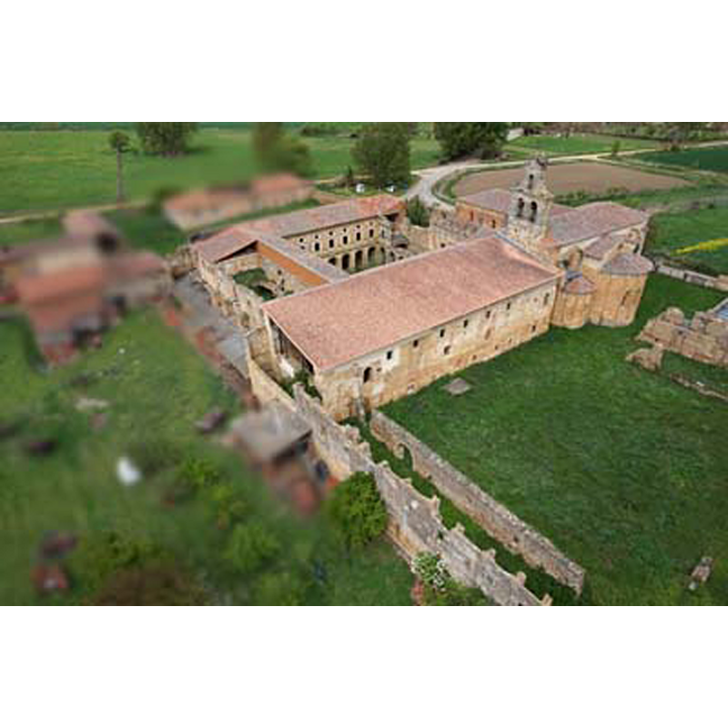 Source caption: "Aerial view of monastery of Saint Mary of Sandoval in Villaverde de Sandoval, Mansilla Mayor (León, Spain). Picture taken by Smart Drone with a drone."