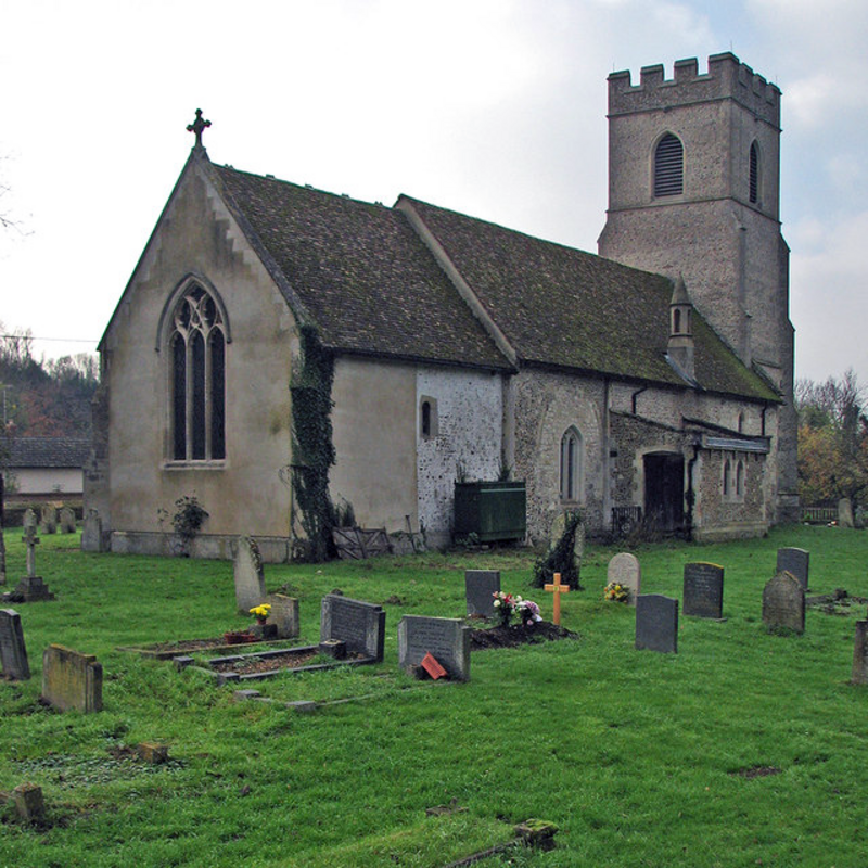 Source caption: "Hauxton: St Edmund - from the north-east. This narrow church is Norman in origin, with later windows and tower."