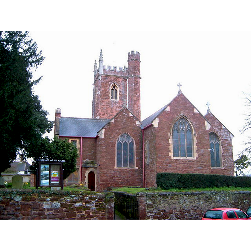 Source caption: "St Michael's Church, Alphington. Red sandstone church, from the east. "Quite an ambitious building", say Cherry and Pevsner."