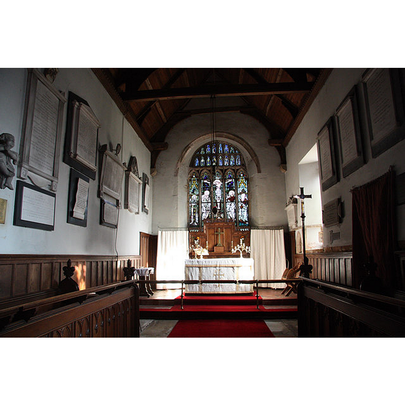 Source caption: "All Saints' chancel. All Saints' chancel with numerous 17th and 18th century monuments to the Eyre family."