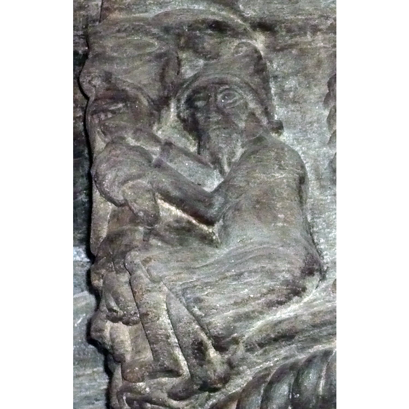 Source caption: "Man og bukk. Detalj fra Livstre-, Syndebukk- eller Ragnarokkapitélet i det sørlig sideskipet i Stavanger Domkirke."