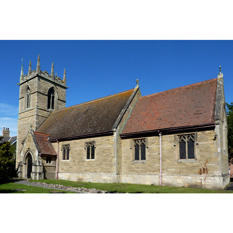 Source caption: "St.Helen's church. Almost entirely by Broderick & Smith in 1880, but look closely to find a tiny Norman window in the tower, Transitional and 13th century doorways and the drum font is unmistakably Norman."