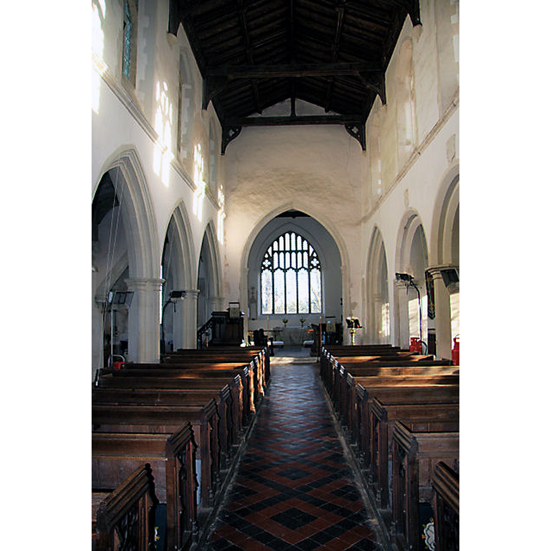 Source caption: "Interior of All Saints Church, Kirtling. The clerestory above the nave was added in the 15th century. The rest of the church dates back to Anglo-Saxon times."