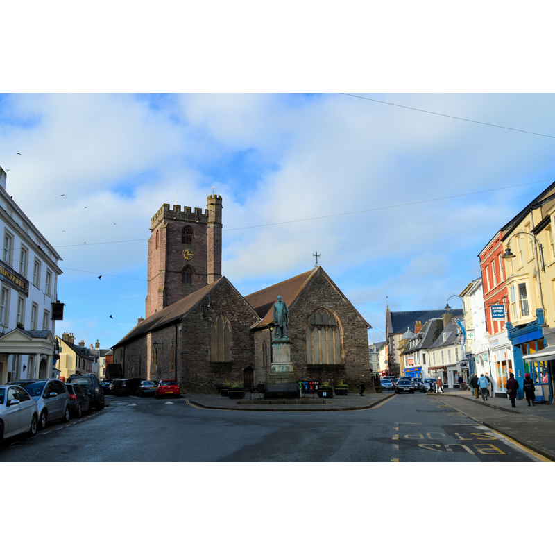 Source caption: "St Mary, The Bulwark, Brecon. A prominent town centre church, part converted into a splendid restaurant but still in use for worship. The splendid 16th century tower would not look out of place in Kent."