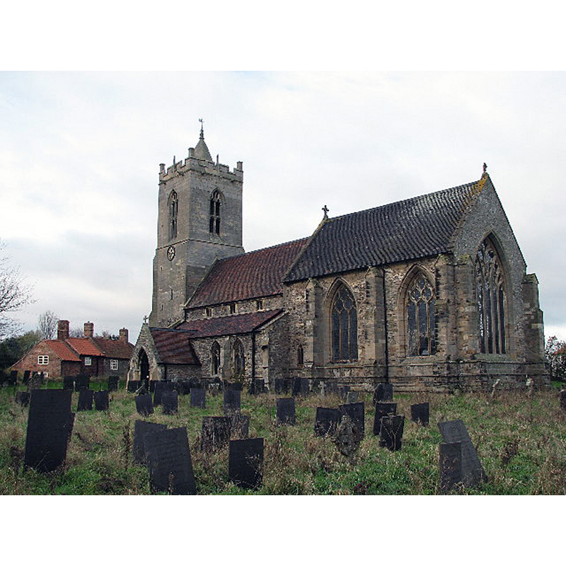 Source caption: "Saint Mary's Church, Car Colston. The church consists of a chancel, N and S aisles, nave and W tower and S porch. The earliest part of the existing structure is the lower part of the tower, which is 13thc., the remainder of the tower being Perp faced with Ancaster stone. The chancel and nave date from the 14thc. There is a very fine 14thc. piscina and sedilia on the S side of the chancel. The font is the only Romanesque feature."