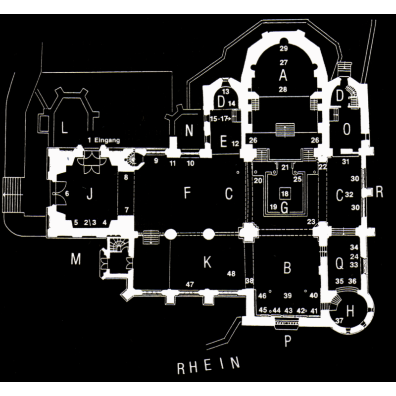 the plan illustrates the complexity of the church; the K area is the 15thC 'Seitenschiff', an expansion of the north aisle; the number 48 in it identifies the location of the baptismal font