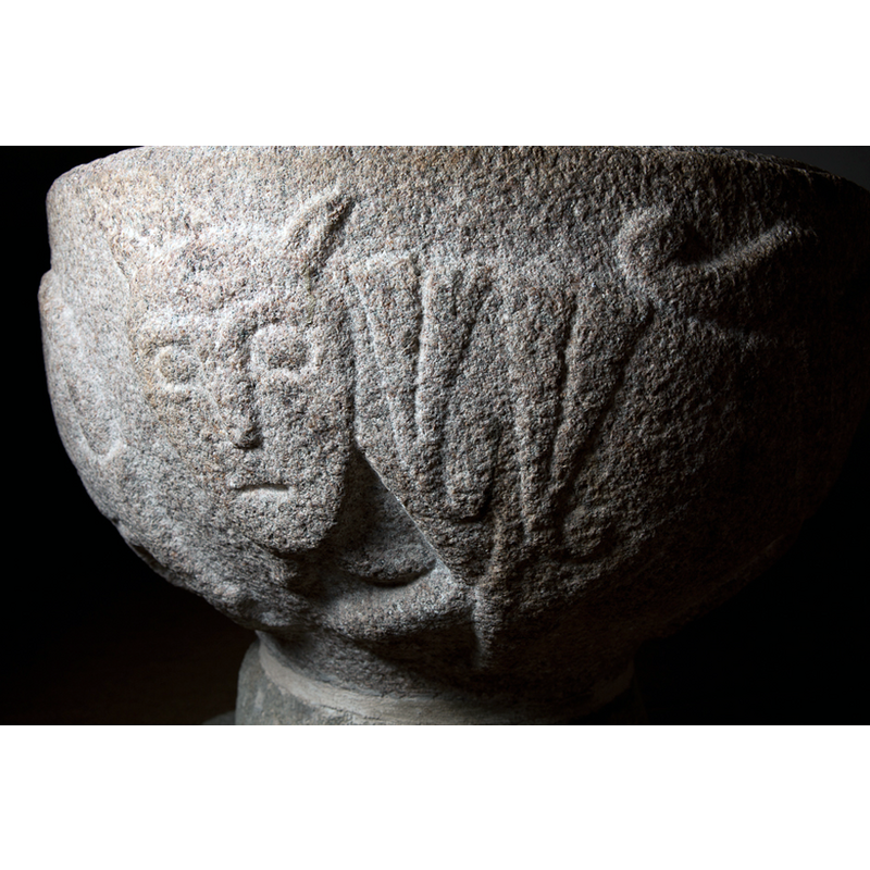 the head and front part of the third lion; the head is not feline and the face is definitely humanised with a mean sort of mien; notice the elaborate mane with the curled ends