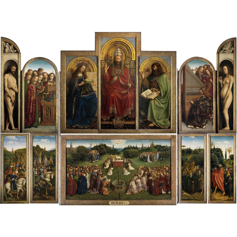 'Het Lam Gods' Jan van Eyck (1390-1441) [...] oil on oak panel circa 1430–32 -- Source caption: "Auftraggeber: Joducus und Isabelle Vyd, urspr. für die Johannes dem Täufer gewidmete Seitenkapelle in St.-Bavo in Gent, Wandelaltar, in Zusammenarbeit mit Jan van Eyck entstanden."