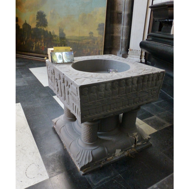 the modern replica of the Termonde / Dendermonde baptismal font