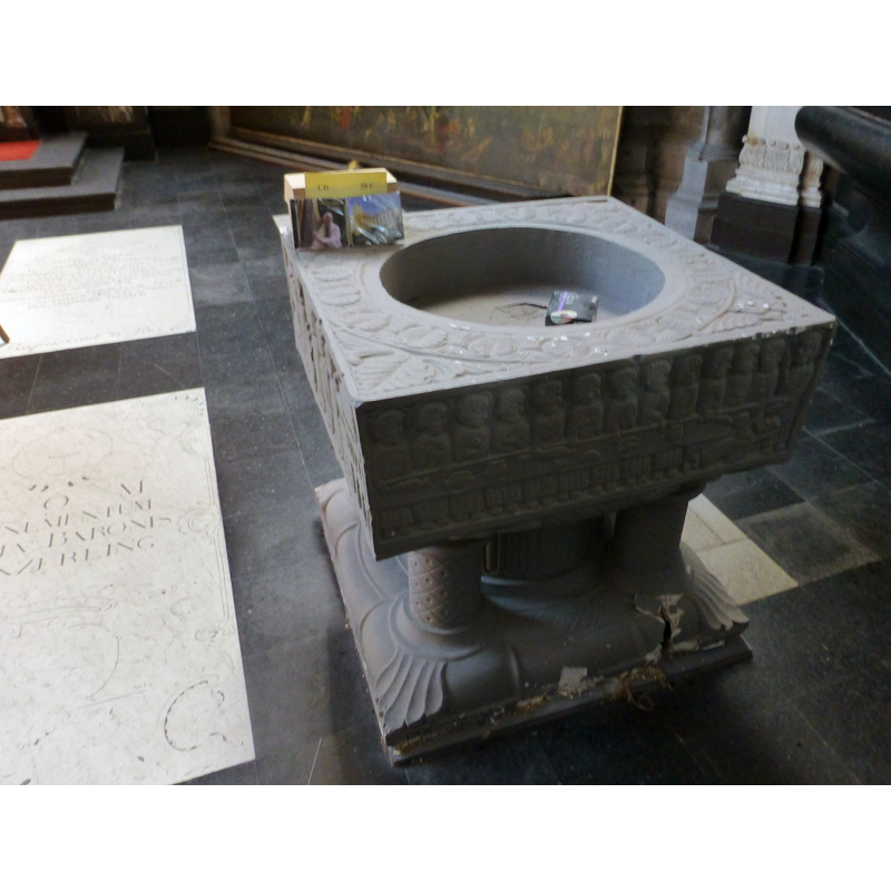 the modern replica of the Termonde / Dendermonde baptismal font