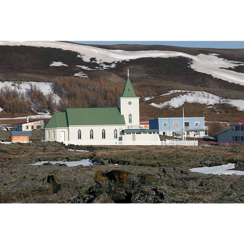 the church in the lava field that resulted from the 1724-1729 eruptions