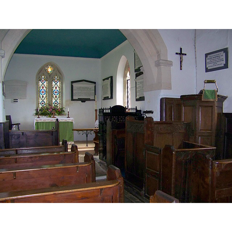Source caption: "Interior, The Church of St Mary, Alton Barnes. Most of the simple furniture is of oak and dates from the 17th century."