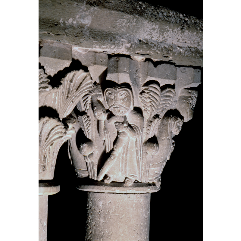 capital on the north side of the cloister; Joseph picking fruit with his right hand, carrying a staff in his left; Madonna and Child on the adjacent faces, right and left