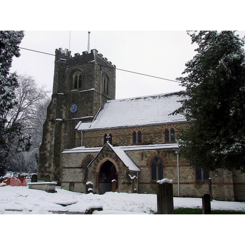 Source caption: "St Nicholas Church. Set in a nicely landscaped churchyard in the cenree of town, St Nicholas is the oldest known church in Harpenden. Built as a Chapel-of-Ease in about 1217,it was enlarged and the existing tower added in 1470. The old church was demolished in 1861 to make way for a larger building. The tower contains a ring of eight bells, the oldest of which dates from 1612. St Nicholas is a Church of England Parish within the Wheathampstead Deanery in the Diocese of St Albans."