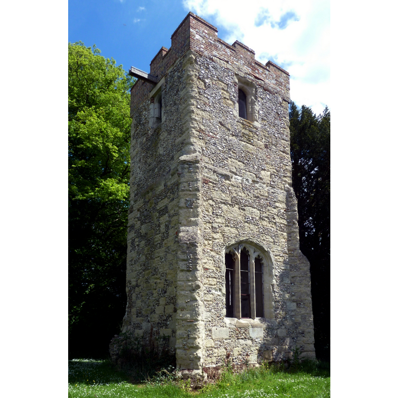 Source caption: "Old Church Tower of All Saints, Long Marston. This C15th tower is all that remains of an ancient Chapel of Ease that dated back to the C12th which was demolished in 1883 as it was in a highly dangerous state of repair. It now stands in its peaceful churchyard"
