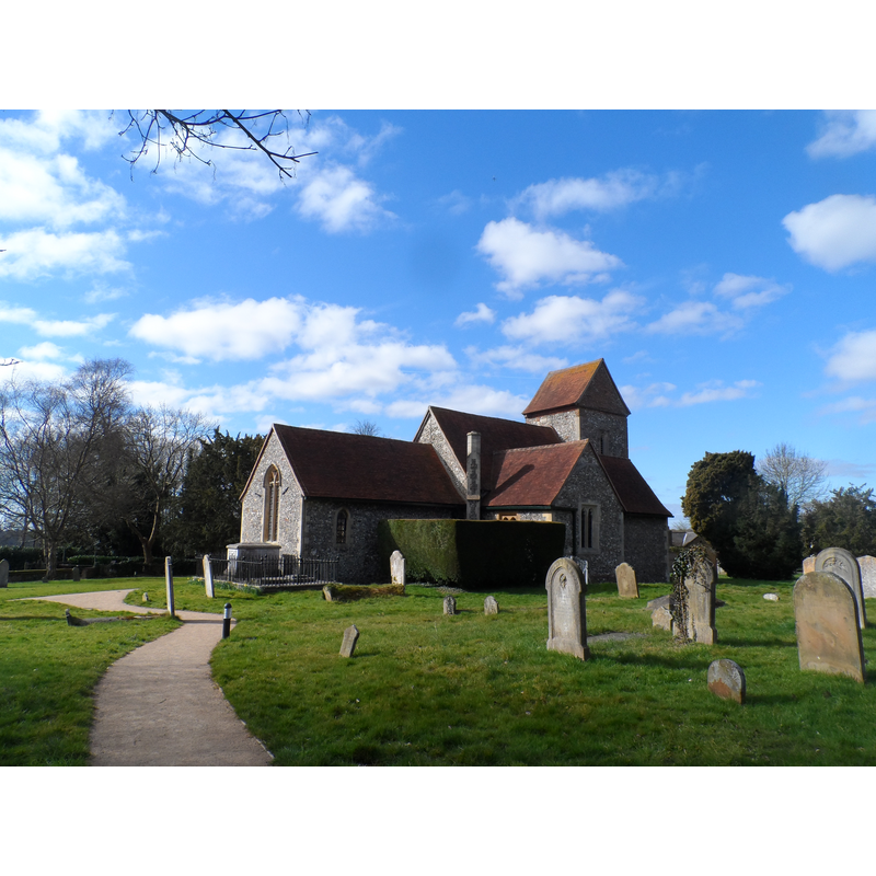 Source caption: "Church of the Holy Cross, Sarratt. The earliest parts of the church are late C12. The tower was built in C11 and raised in C16. The church was restored by Giles Gilbert Scott 1865-6."