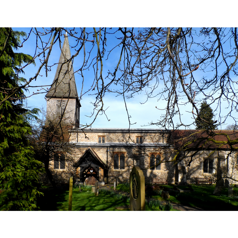 Source caption: "St Stephen's church, St Albans. St Stephen's has ancient origins. The church was founded in 948 A.D. and there are a few traces of in the building dating to this time. However, most of the structure dates to C15 and to a very extensive restoration in the 1860's. The spire dates from this time."