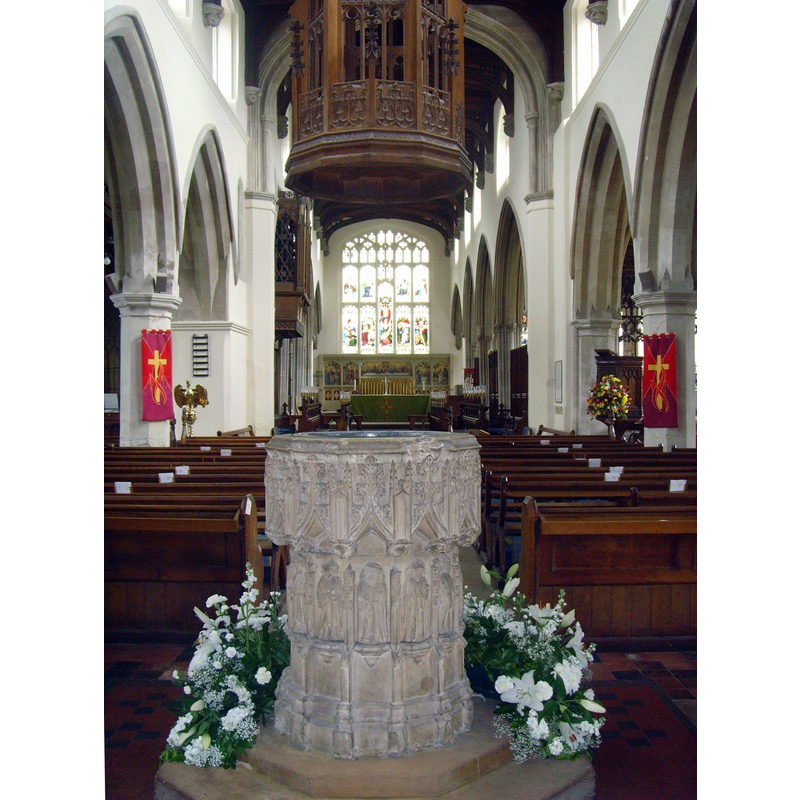 Source caption: "St Marys Hitchin Font. The font in St Marys is missing the faces off the representions of the Saints."