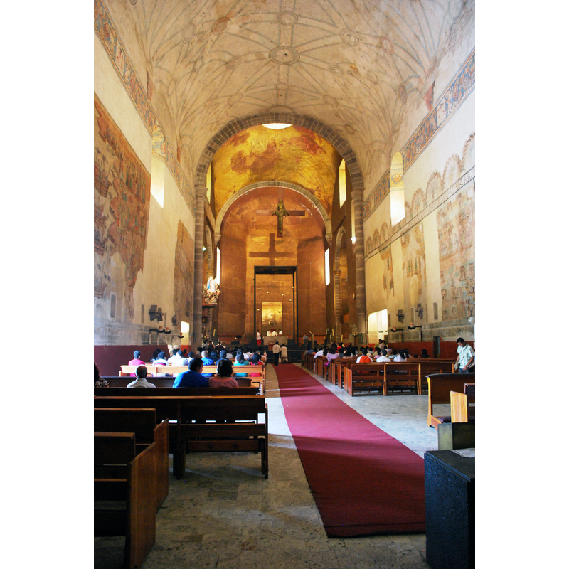 Source caption: "Inside the Cathedral of Cuernavaca with partially-restored murals"