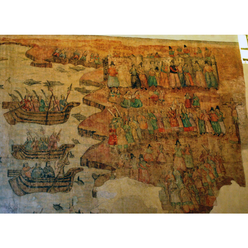 Source caption: "Ships landing in an 18th century mural on the wall of the Cathedral of Cuernavaca in Cuernavaca, Morelos, Mexico" -- the looks, attire and arms on some of the 'natives' depicted in the mural are Japanese because the mural depicts the martyrdom of the Mexican saint San Felipe de Jesús, a Mexican born Franciscan missionary who suffered martyrdom by crucifixion in Nagasaki, Japan, in 1597