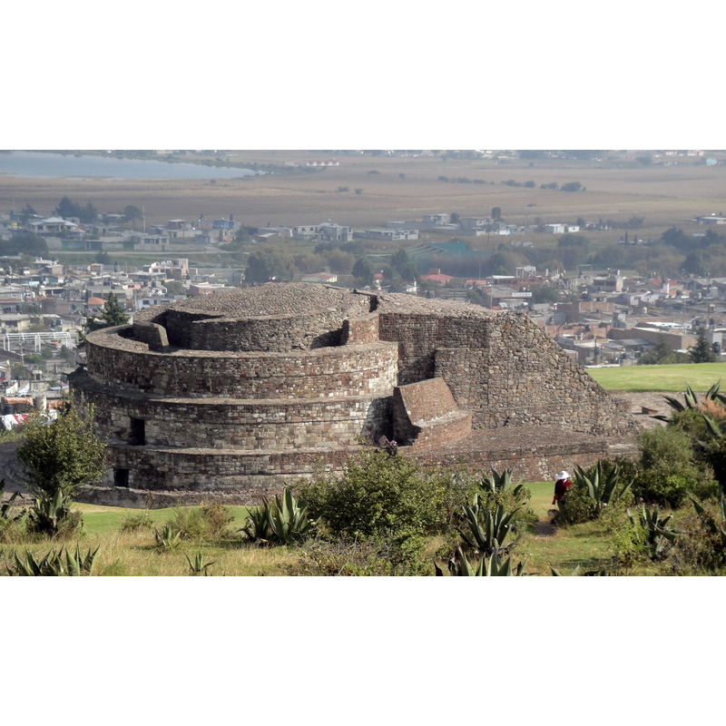 Calixtlahuaca and the archaeological site -- in the foreground is Ehécatl Temple, viewed from the south