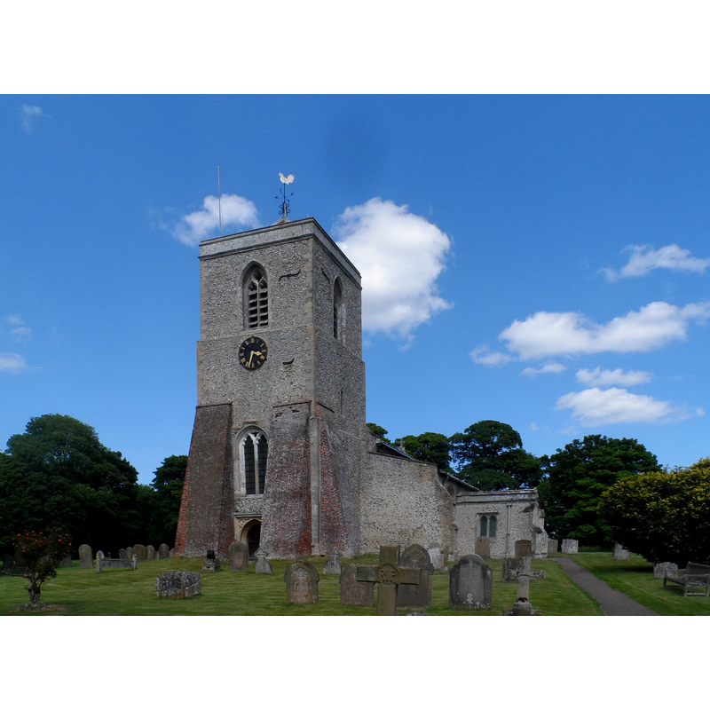 Source caption: "All Saints' church, Sandon. There exists a contract dating 1348 between the Dean and Chapter of St Paul's and a stone mason called T. Rykelyng regarding the rebuilding of the chancel. The canons of St Paul's are recorded as holding land in Sandon in the Domesday Book of 1086. The nave and aisles were built between 1360-79 and the tower was added in the C15. The brick buttresses to the tower were added in the C17. Restoration was carried out 1832, 1875 and 1908."