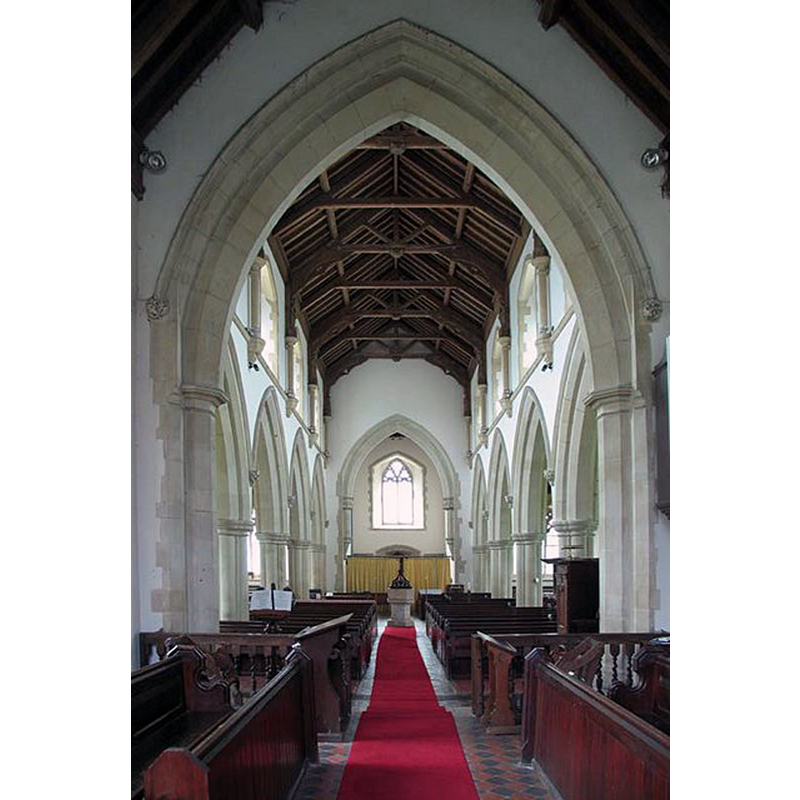 showing the font and cover at the far [west] end of the centre aisle