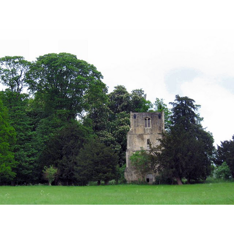 Source caption: "Thundridge Old Church Tower. Pulled down in 1853; only the tower remains. It was erected in the 15th century but contains C12th & C14th elements from an earlier church. The dedication is given variously as to All Saints, or St Mary. The field in the foreground is moated on 2 sides and the overgrown churchyard to the east contains many gravestones."