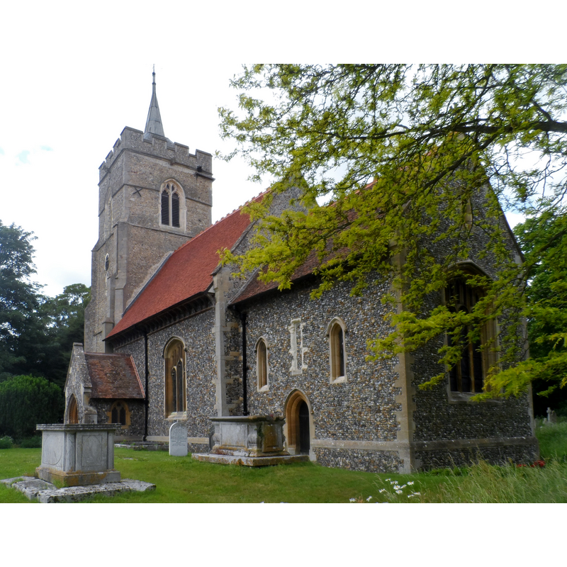 Source caption: "St Mary the Virgin, Westmill. The plan of the nave and chancel is thought to be pre-Norman conquest [...] The north aisle is C12, the chancel C13 and the tower and nave roof are C15."