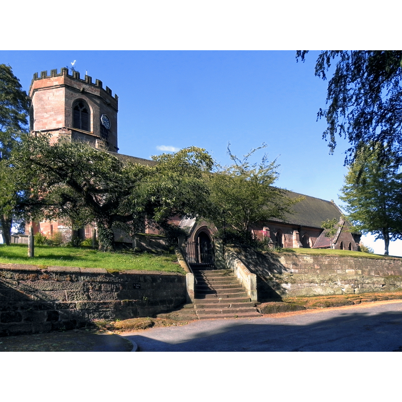 Source caption: "St Luke's Church, Hodnet [...] The oldest part of the building (the south isle) dates from the 12th century. In the 14th century the church was remodelled, with the south isle chapel, nave, chancel and rare three-stage octagonal tower added. The church was restored in the latter half of the nineteenth century."