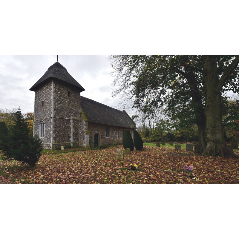 Source caption: Thornham Parva: St. Mary's Church: The chancel, nave and tower are all thatched in Norfolk reed"