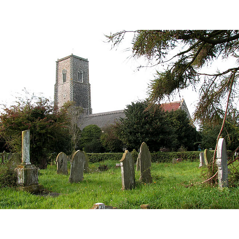 Source caption: "St Edmund's church in Kessingland. St Edmund's is a large church adjoined by a vast churchyard..The tall tower - it once had a beacon at its top, serving as a landmark for passing ships - and (the ruined) south aisle date from the 15th century, and the nave as we see it today was rebuilt in the 17th century. The chancel dates from the 20th century. The C15 font is described as being one of the finest in Suffolk. The church contains several interesting stained glass windows, the east window link being by the Kempe (of London) workshop."