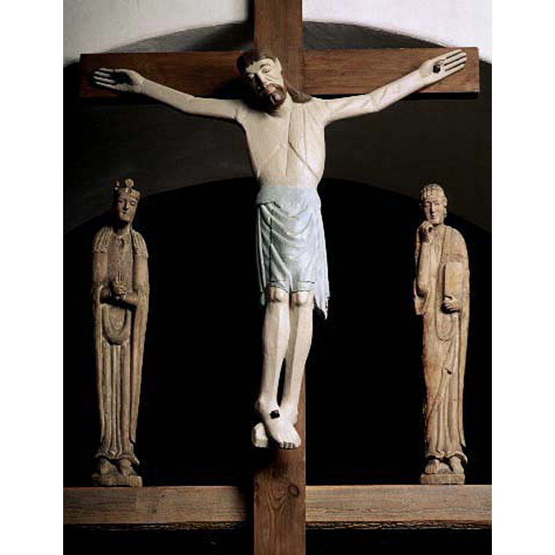 Source caption: "Kalvariegrupp från Kestad kyrka i Västmanland. Omkring 1200." -- the two figures, Mary and John are carved in linden wood and dated ca.1200; the present Crucifix is a later work