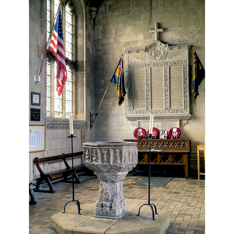 the font by the War Memorial, at the west end of the south aisle