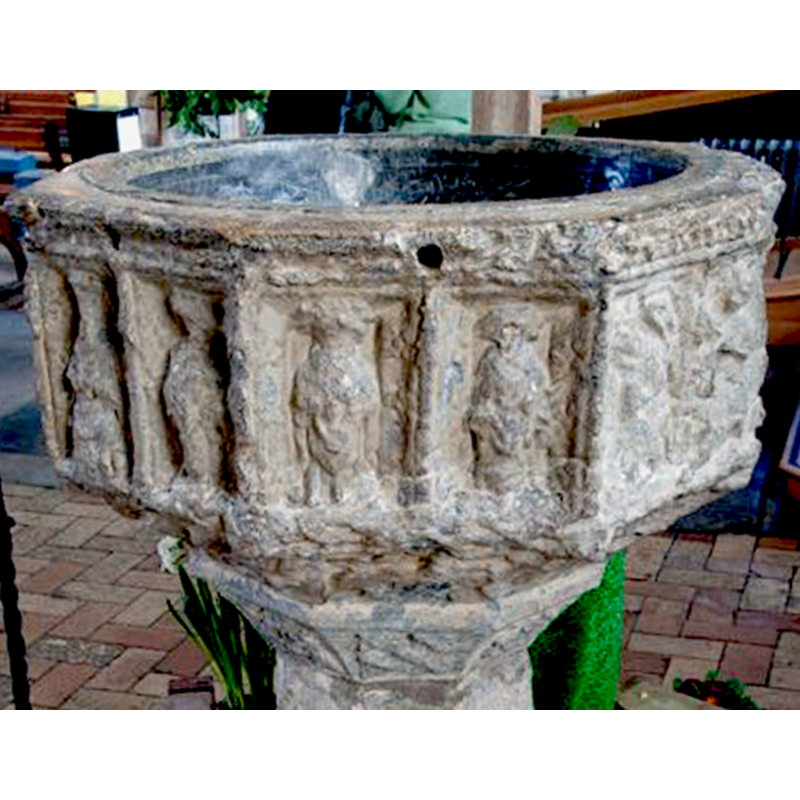 a large floral (?) motif takes up the whole side on the extreme right here; it is one of two basin sides that is not divided into two rectangular frames with human figures in them -- notice also the hole bored into the side of the upper rim, and the pattern decorating the upper rim, of which little remains