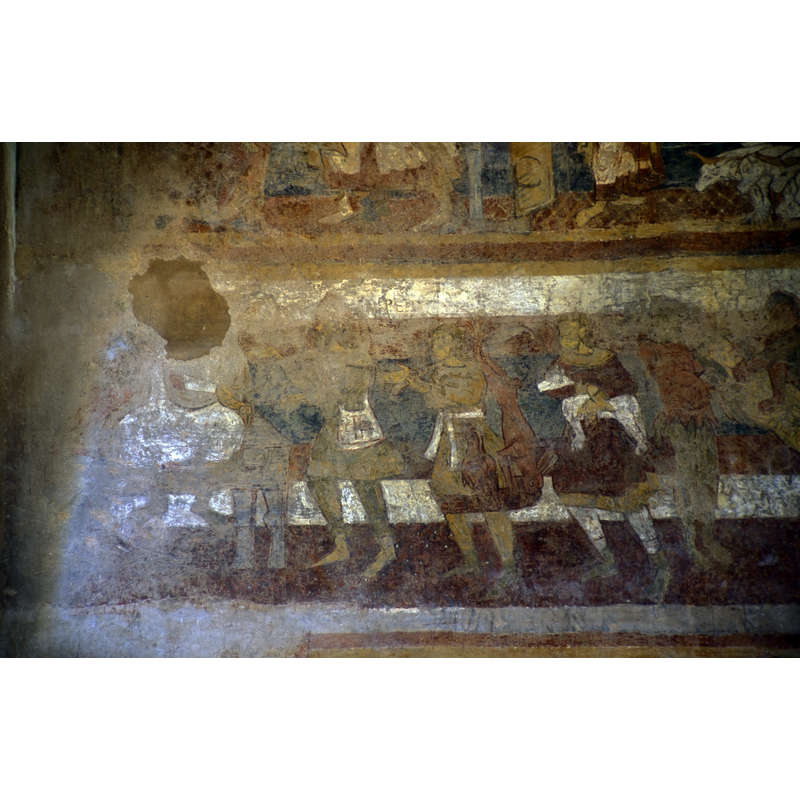 listed in Palissy [ref.: PM87000449]: "Ensemble de peintures murales partiellement connu depuis le 19e siècle. A part celles du choeur qui datent du début du 13e siècle, les peintures furent réalisées dans le dernier tiers du 12e siècle. Le Centre de recherche des Monuments historiques conserve un relevé de la Luxure, au revers de la façade occidentale, réalisé en 1991. [...] Certaines parties sont très lacunaires ou illisibles, d'autres sont encore dissimulées sous un badigeon. Le dégagement et la restauration de certaines parties a été assurée par Marie-France de Christen entre 1986 et 1991. [...] L'ensemble actuellement mis au jour couvre plus de 250 mètres carrés."