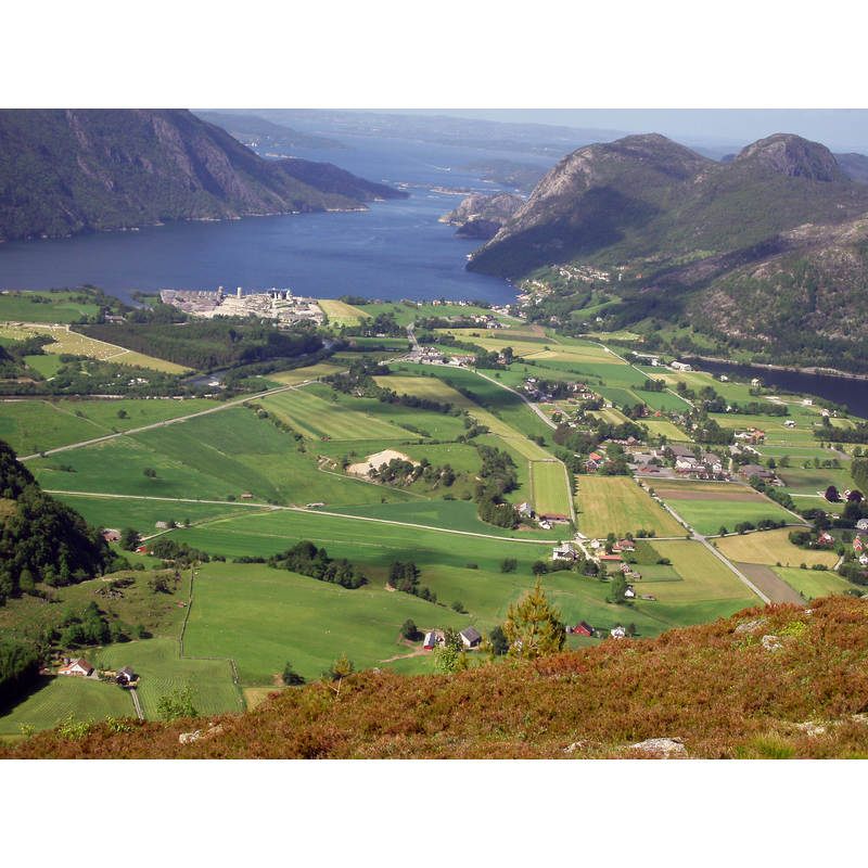 the village at the end of the fjord -- the most predominant building is not the church but the massive stone and gravel plant