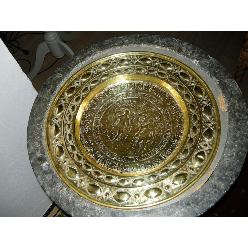 "Døpefont/-fat": inscribed in a garland and an inscription is a scene of the Temptation and Fall -- Dutch? 17thC?