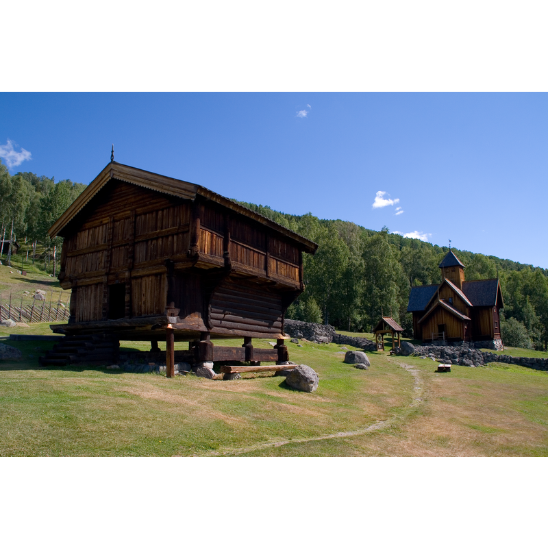 Source caption: "Uvdal stavechurch; Nore og Uvdal, Buskerud; Norway - with Nore and Uvdal museum (started in the 1980s). Old local buildings are being reerected on the site. The storehouse to the left belonged to the parish. The oldest parts of the building date back to 1627."