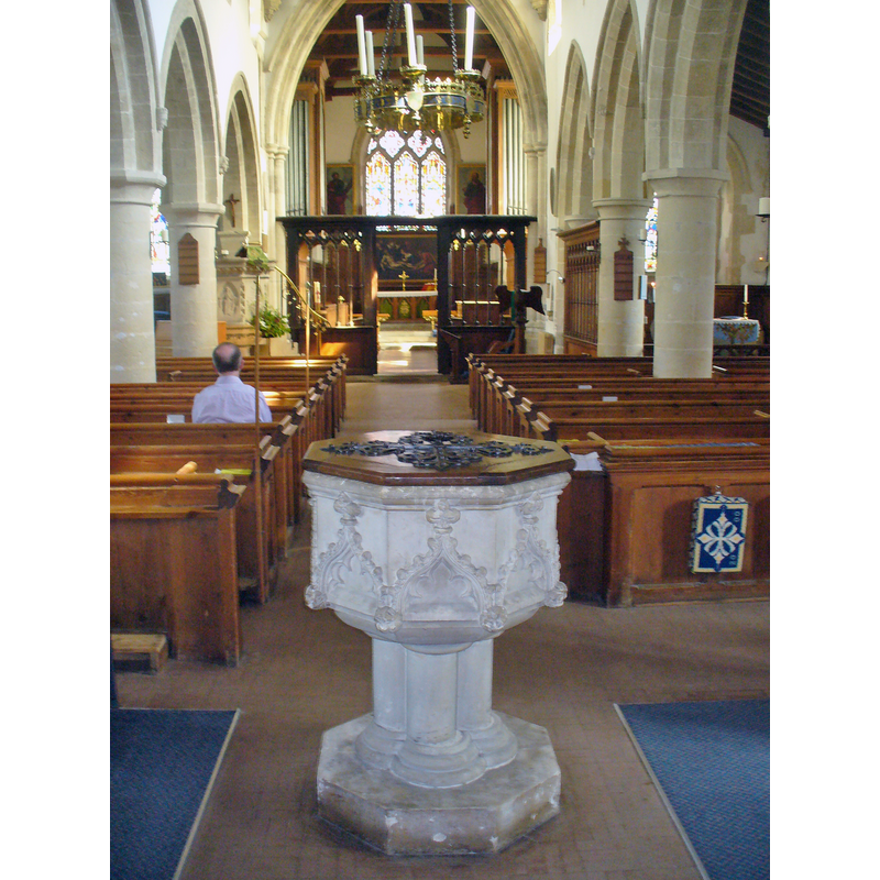 with the 19thC font in the centre aisle