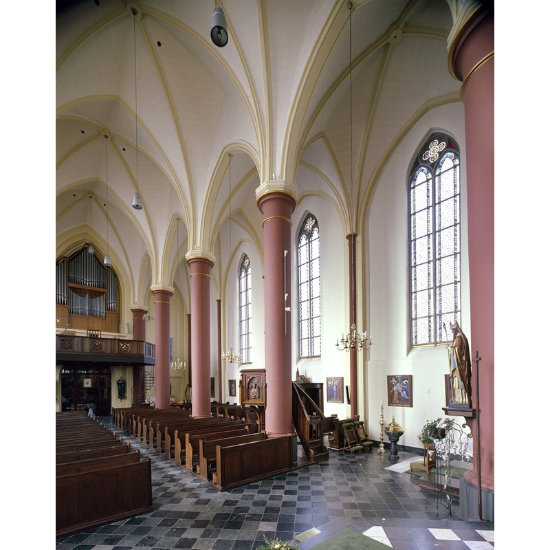 the 19thC church at Vijlen -- showing the modern font and cover in the north aisle, and the modern stoup at the west end of the centre aisle
