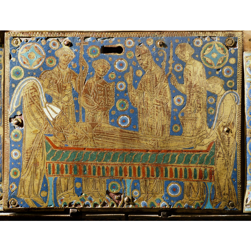 detail of an early-13th "châsse émaillée" containing the relics of St. Dulcide, aka Dulcet, patron of this church
