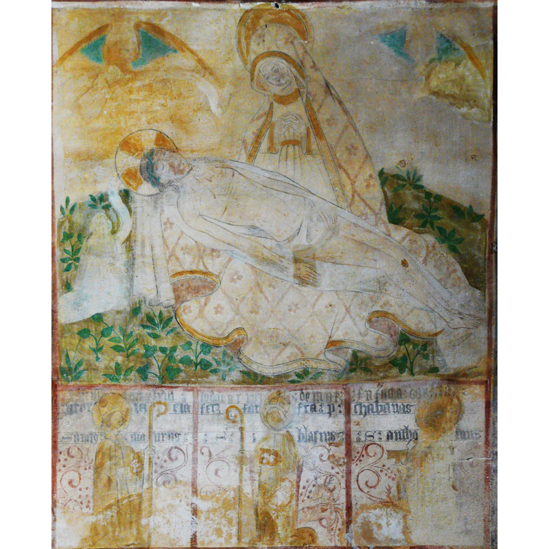 Source caption: "Peinture du XVe siècle représentant la vierge de pitié, église abbatiale d'Aubazine, Corrèze, France" -- Listed and illustrated in Palissy [ref.: PM19000488]: "Une partie de l'inscription a été reconstituée lors de la restauration ; la date [1466] n'est plus visible [...] Oeuvre très largement restaurée (restauration par Bourgoin en 1975)"