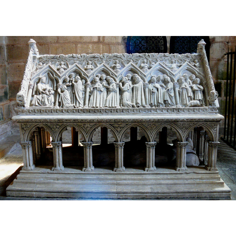Source caption: "Abbaye d'Aubazine - Tombeau de saint Etienne" -- Listed and illustrated in Palissy [ref.: PM19000012]: "ensemble du monument sépulcral d'Etienne d'Obazine (tombeau, statue) [...] Monument funéraire combinant un tombeau architecturé et un gisant datant des années 1250-1260. Il en existe un moulage au musée des Monuments français à Paris."