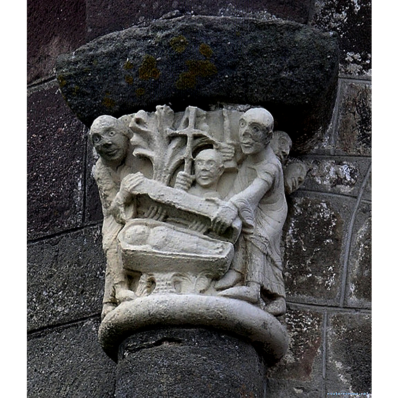 the discovery of St. Stephen's tomb -- one of a series of three capitals related to St. Stephen, patron of this church; the other two illustrate Stephen's martyrdom by stoning and the translation of the saint's relics
