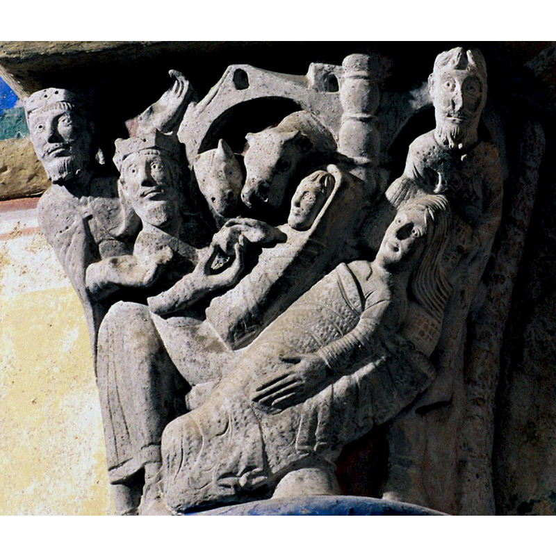 one of a series of capitals on the Childhood of Christ cycle in this church: a conflated scene of the Nativity and the Adoration of the Magi; notice the hands