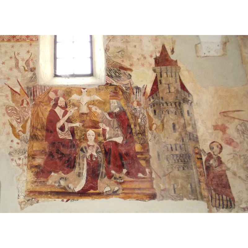Source caption: "Église de Martignac, fresque sud, Entrée de Jérusalem (= Paradis) [...] Fin XVe siècle." -- On the left half Mary is crowned Queen of Heaven; on the right half Peter, charged with the key, guards access to the heavenly Jerusalem