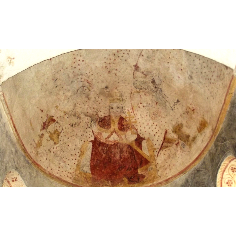 on the vault of the apse -- Source caption: "Église de Martignac, fresque sur la voûte de l' abside, Dieu dominant le Monde [...] Fin XVe siècle"