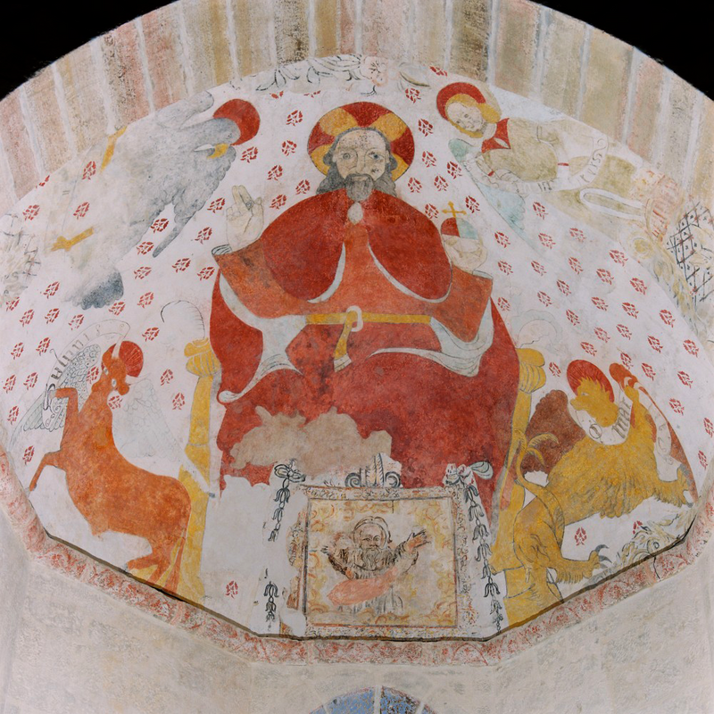 Source caption: "Une restauration récente a dévoilé une fresque représentant le Christ entre les symboles des quatre Evangélistes."