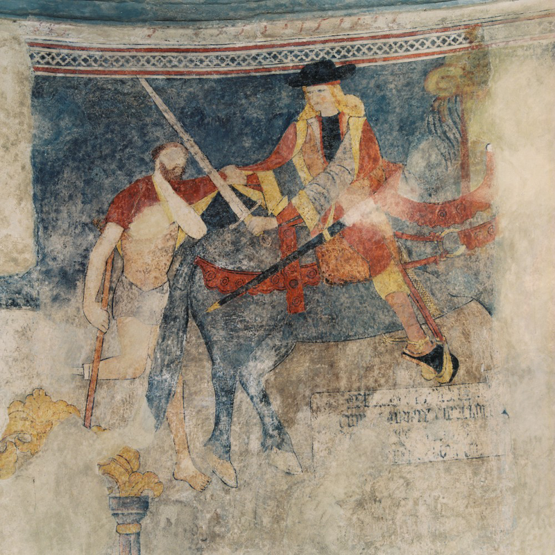 Source caption: "L’église a conservé celles de saint Cloud, qui possède une chapelle où subsistent des fresques du XIVe siècle représentant la Charité de saint Martin, saint Georges et le dragon et le martyre de saint Sébastien."